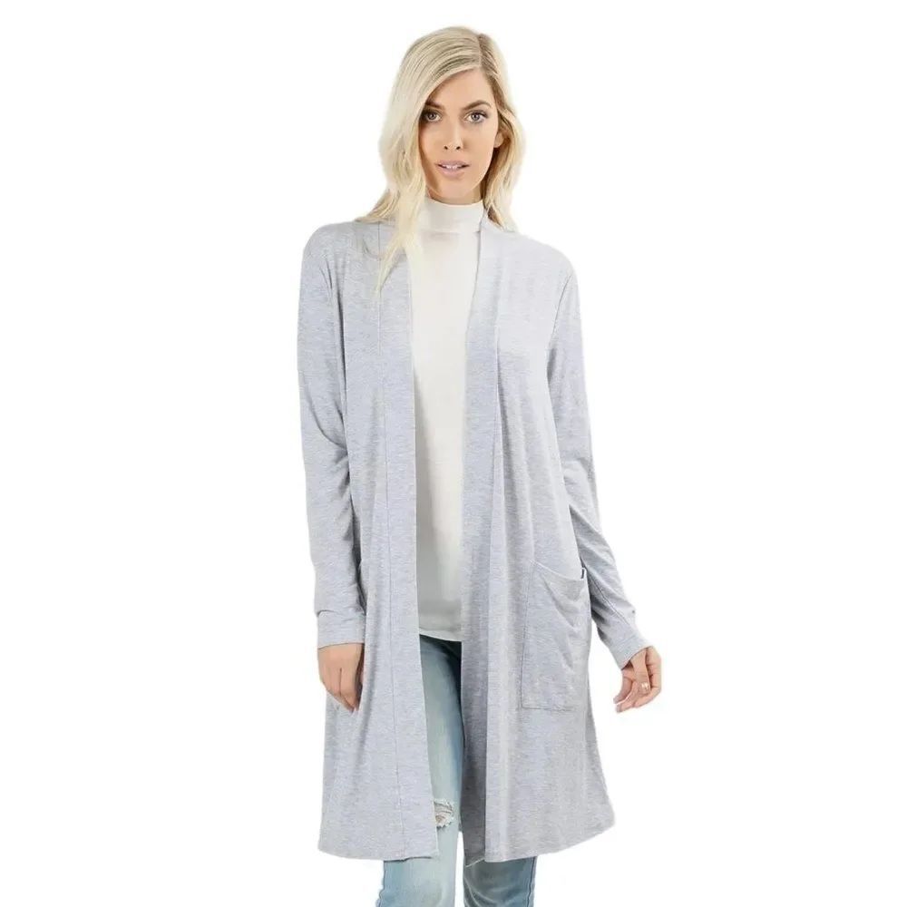 Soft Gray Open Front Pockets Longline Lightweight Jersey Cardigan NEW